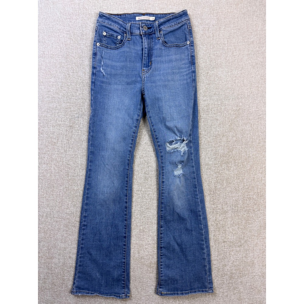 Levis 725 High Rise Bootcut Jeans Blue Distressed Denim W26 L30 18759-0077